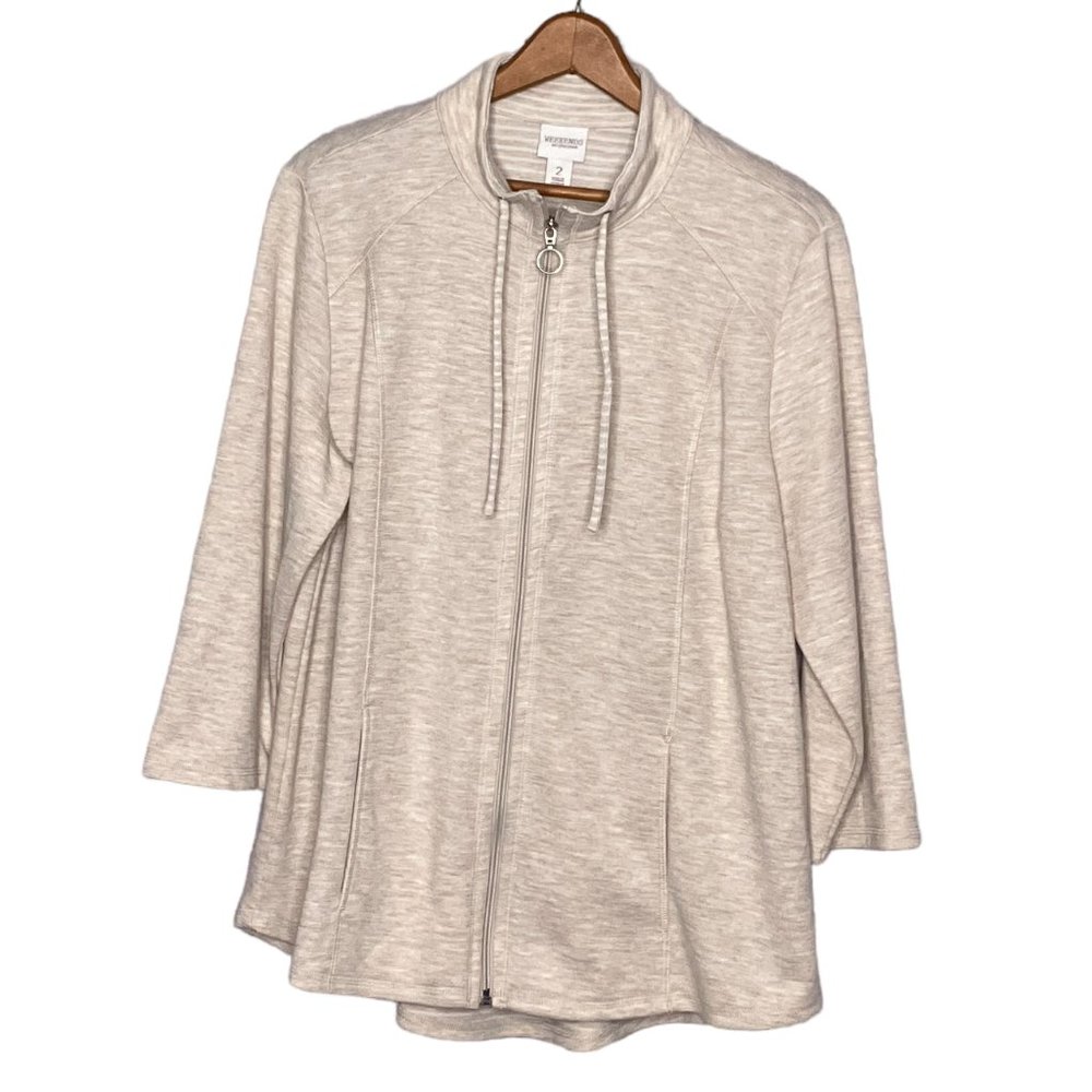 Chico's 2 Weekends Cream Beige Heather Striped Full Zip Knit Jacket Large L 12